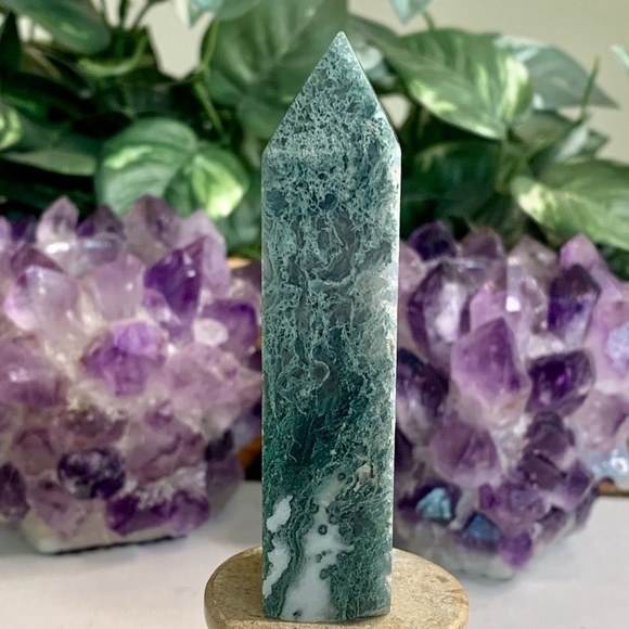 Moss Agate Crystal Tower Obelisk Energy Generator Chakra Healing Stone Wand 3.5" - Picture 6 of 14